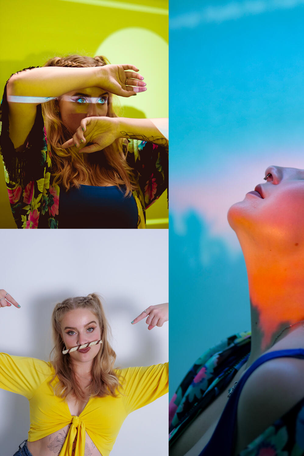 A collage of images of a lady in artistic lighting, modelling with popping colours