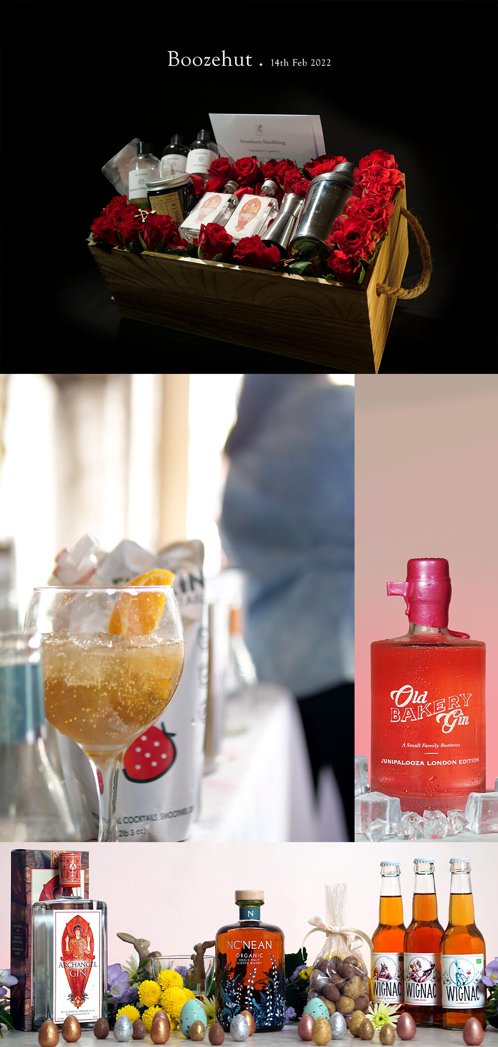 A collage of multiple glasses filled with alcohol and a box filled with roses and a cocktail making set